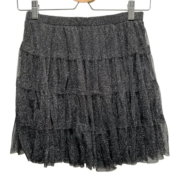 Skirts Metallic Silver Glitter Ruffle Tiered Mini Flowy Skirt
